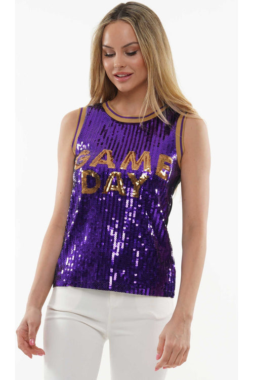 Game Day Purple & Gold Sequin Jersey Tank-Tops-KCoutureBoutique, women's boutique in Bossier City, Louisiana