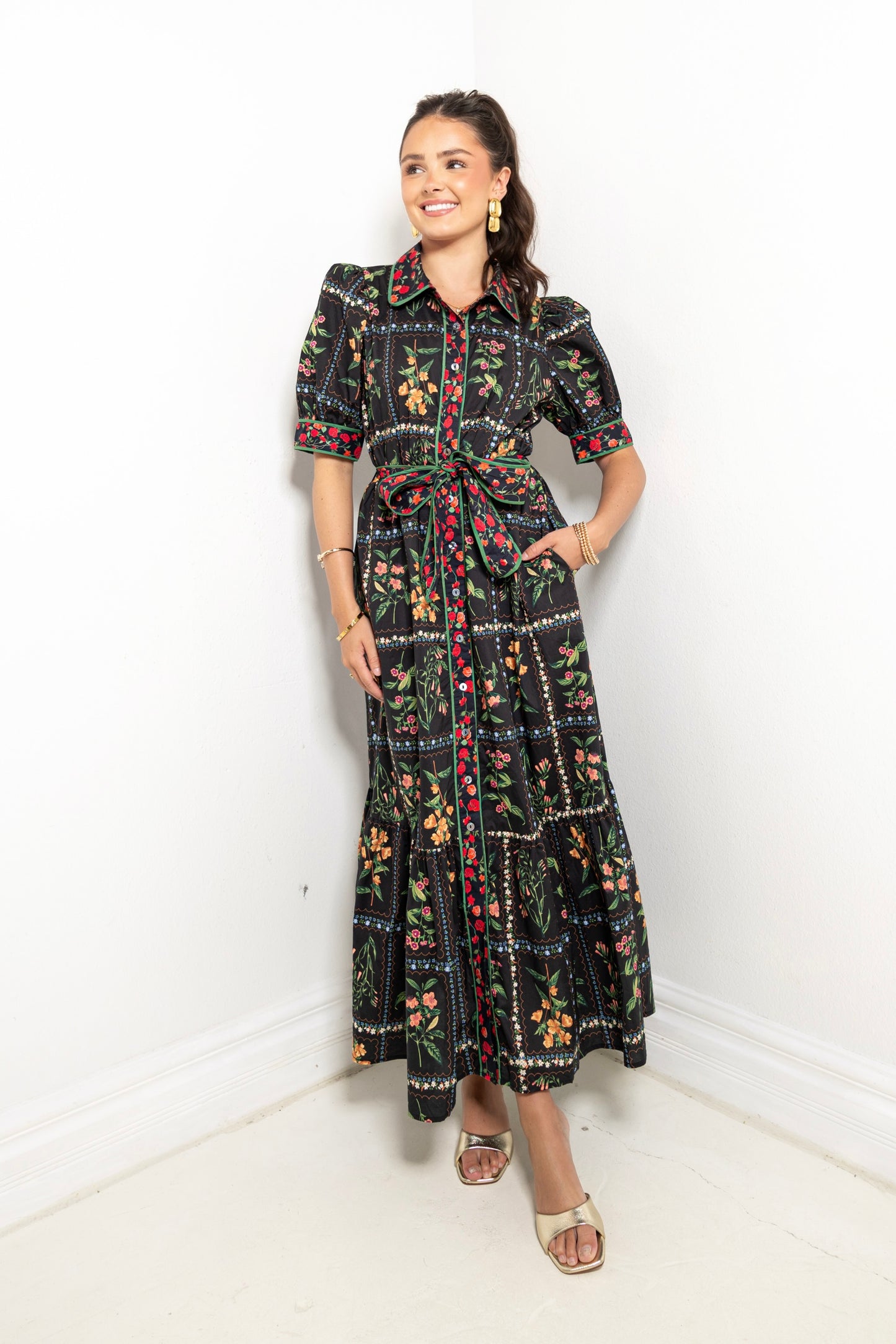Garden Gallery Belted Button Down Midi Dress