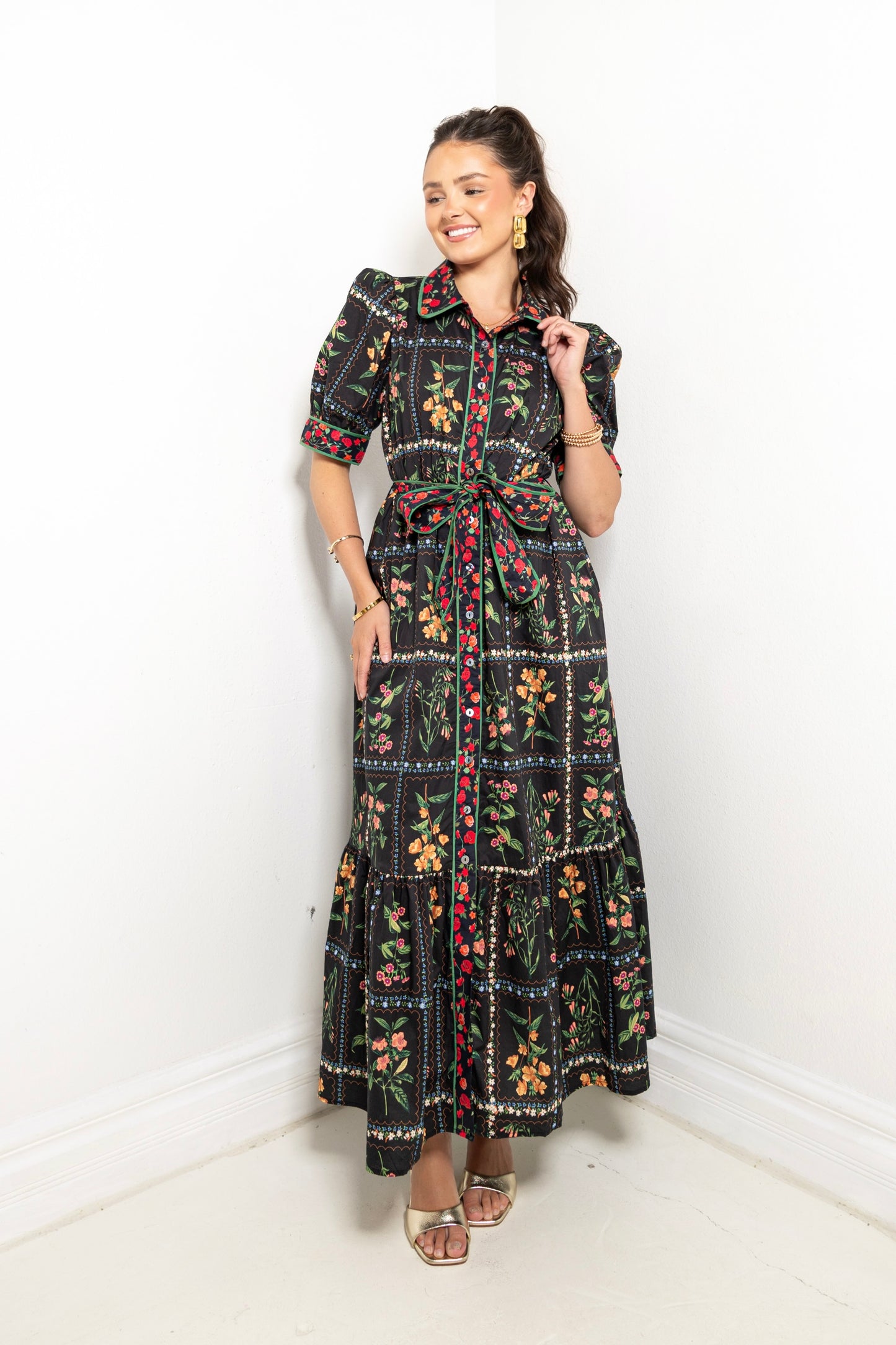 Garden Gallery Belted Button Down Midi Dress