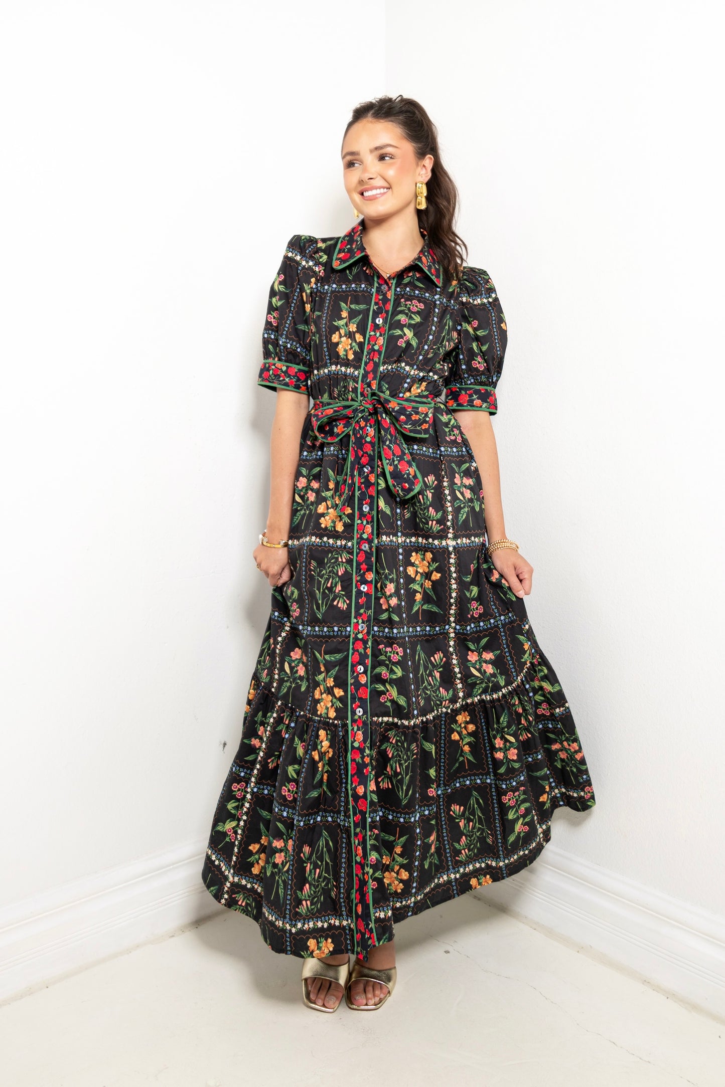 Garden Gallery Belted Button Down Midi Dress