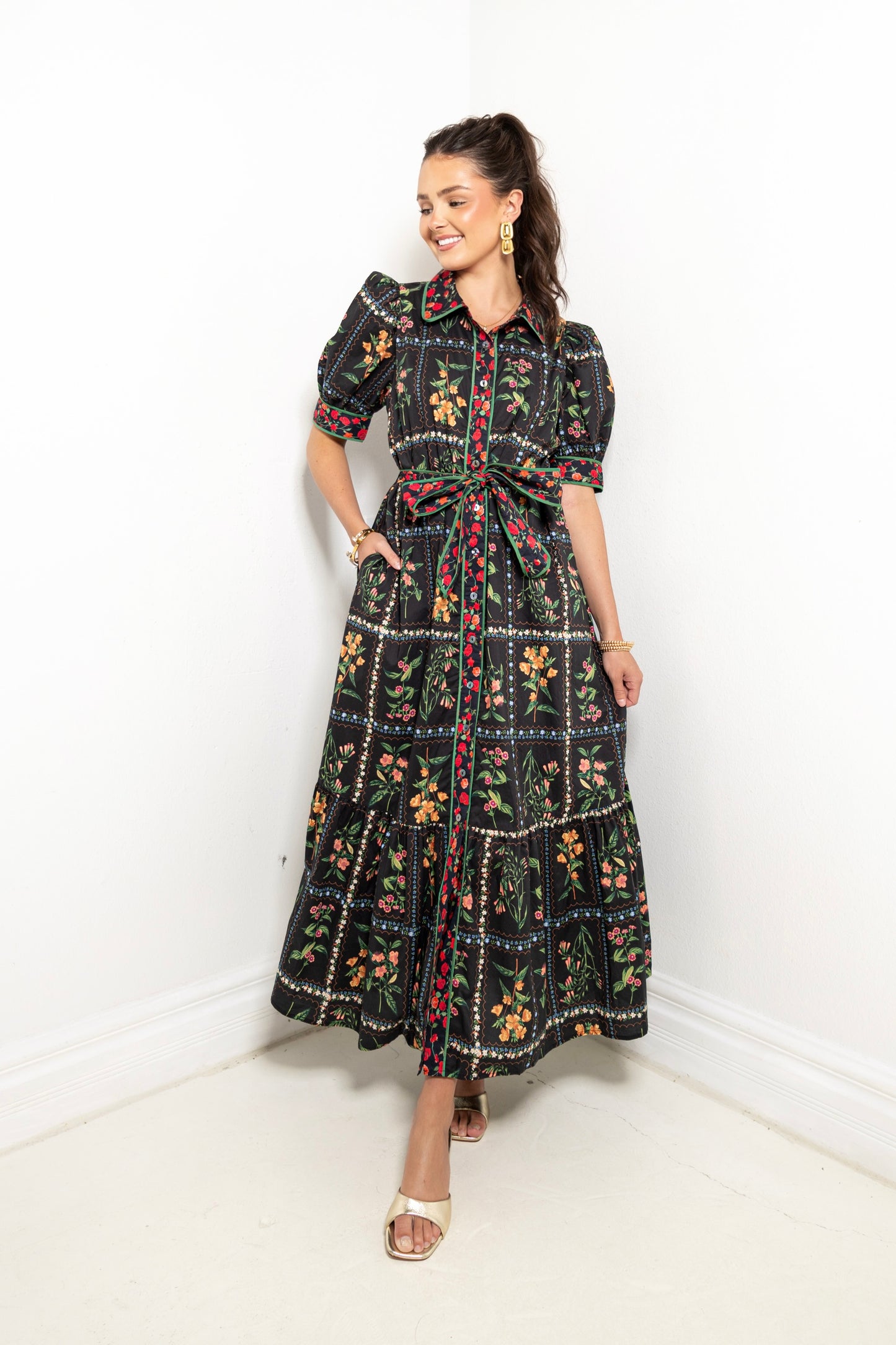 Garden Gallery Belted Button Down Midi Dress