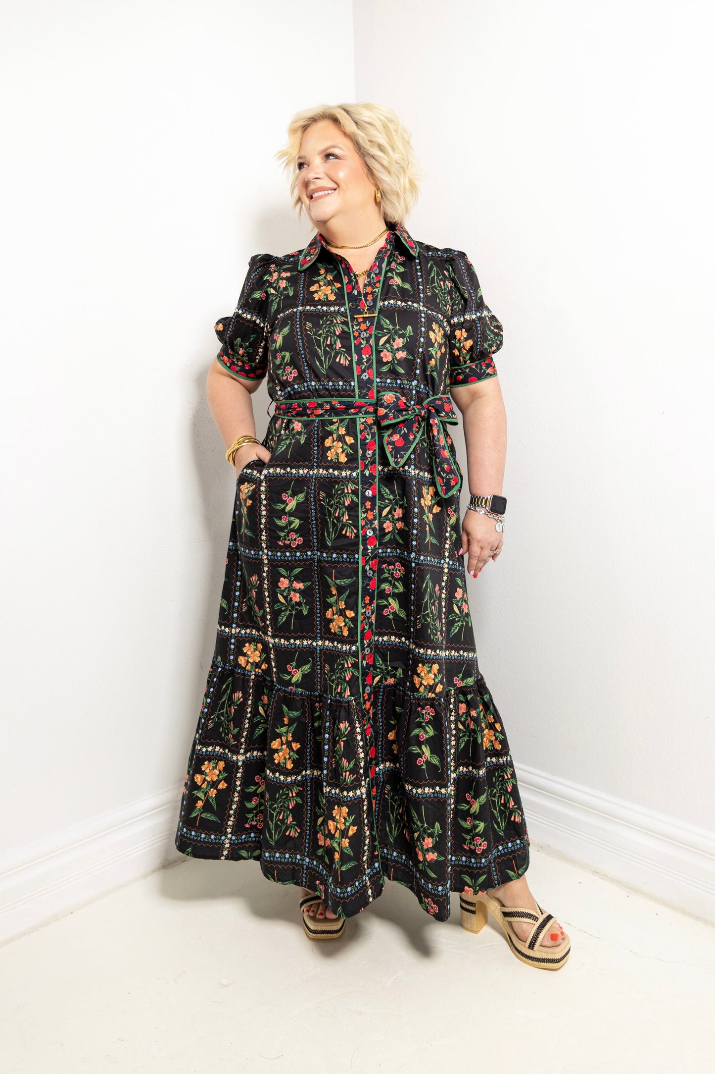 Garden Gallery Belted Button Down Midi Dress