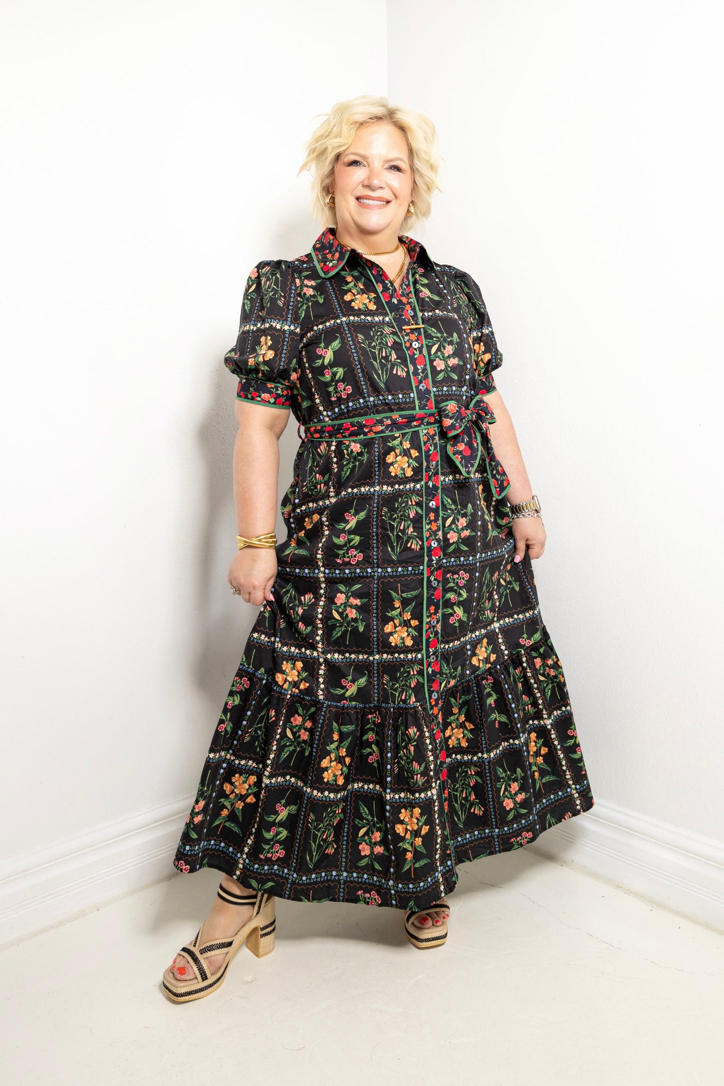 Garden Gallery Belted Button Down Midi Dress