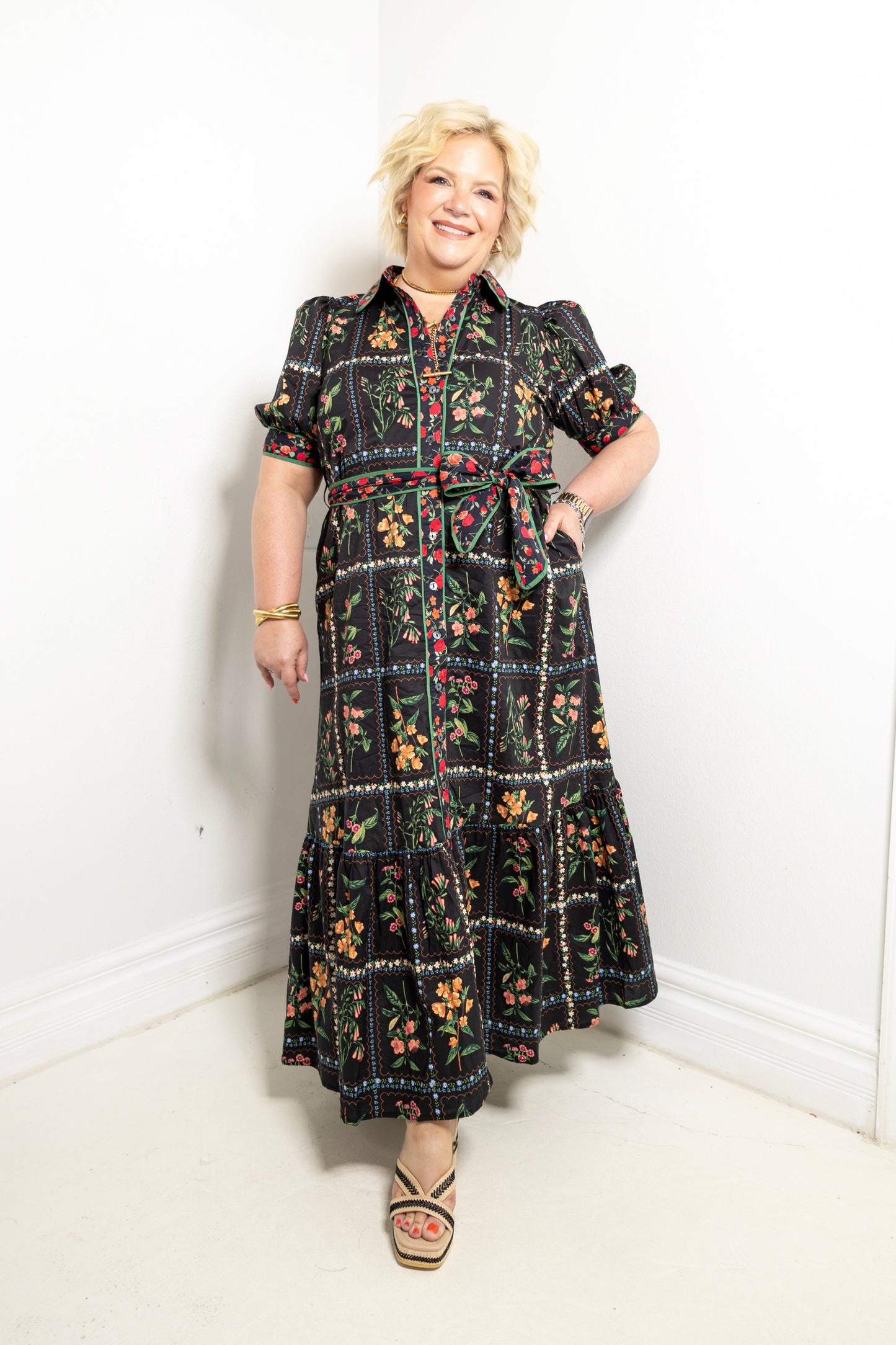 Garden Gallery Belted Button Down Midi Dress