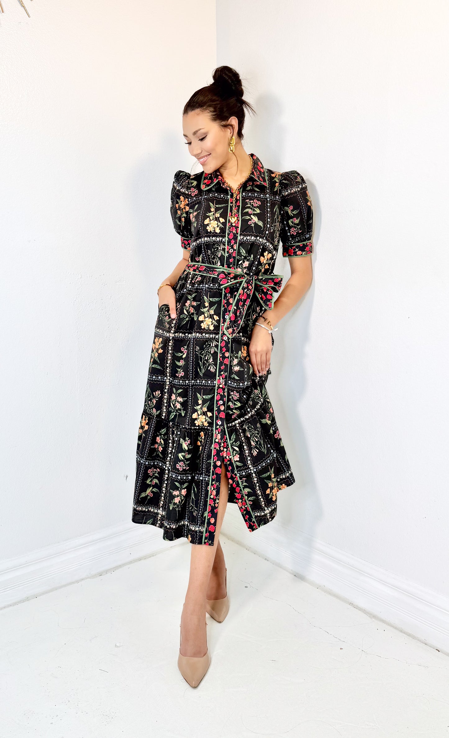 Garden Gallery Belted Button Down Midi Dress