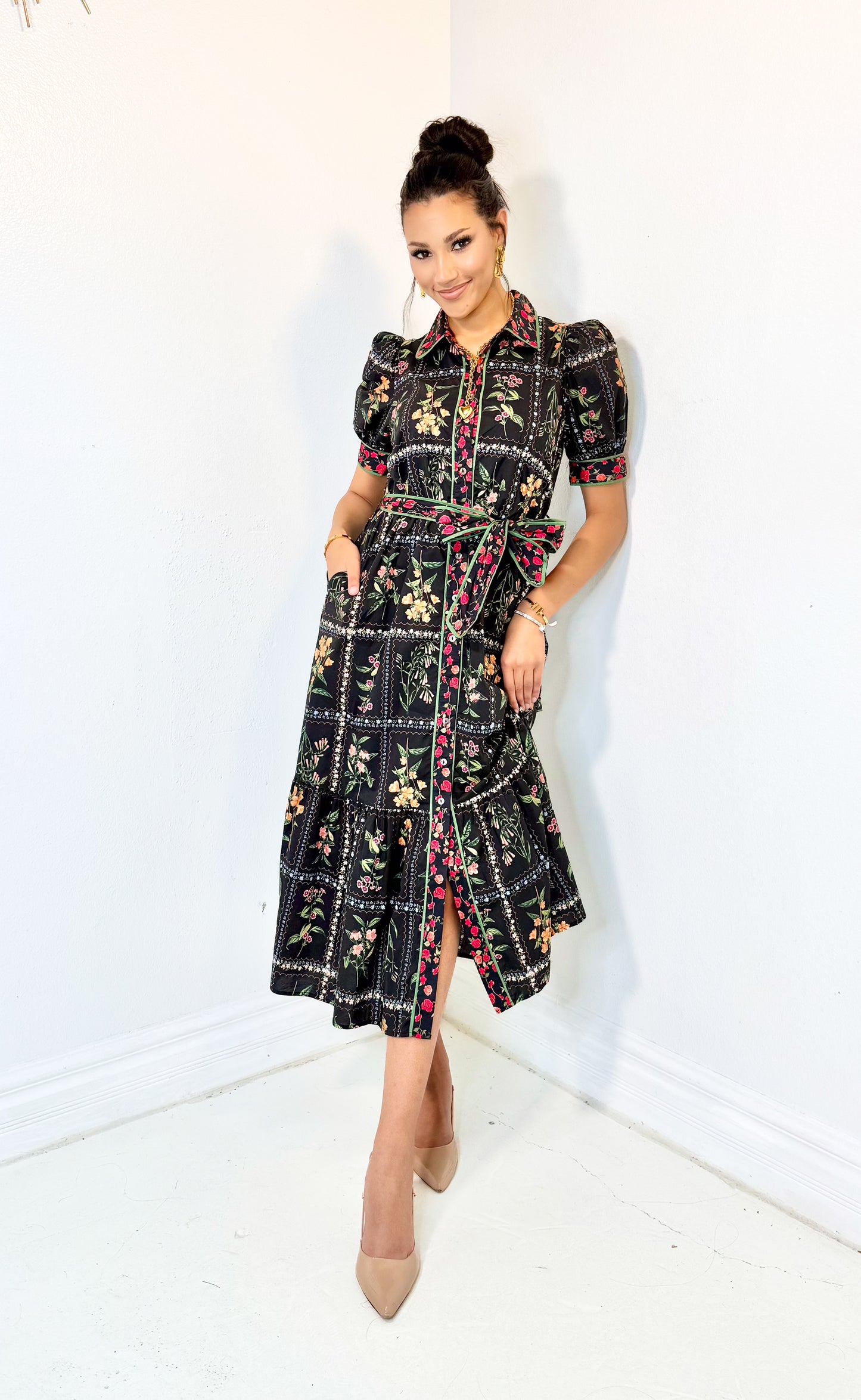 Garden Gallery Belted Button Down Midi Dress