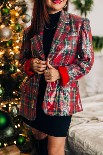 Glitz Holiday Plaid Sequin Blazer Jacket