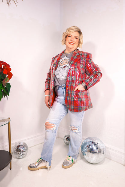 Glitz Holiday Plaid Sequin Blazer Jacket