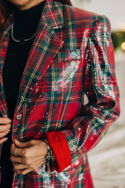 Glitz Holiday Plaid Sequin Blazer Jacket