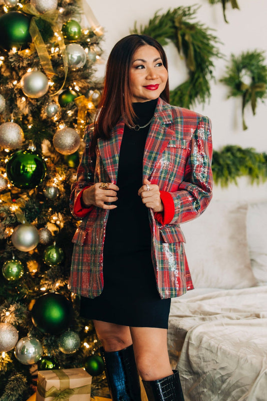 Glitz Holiday Plaid Sequin Blazer Jacket