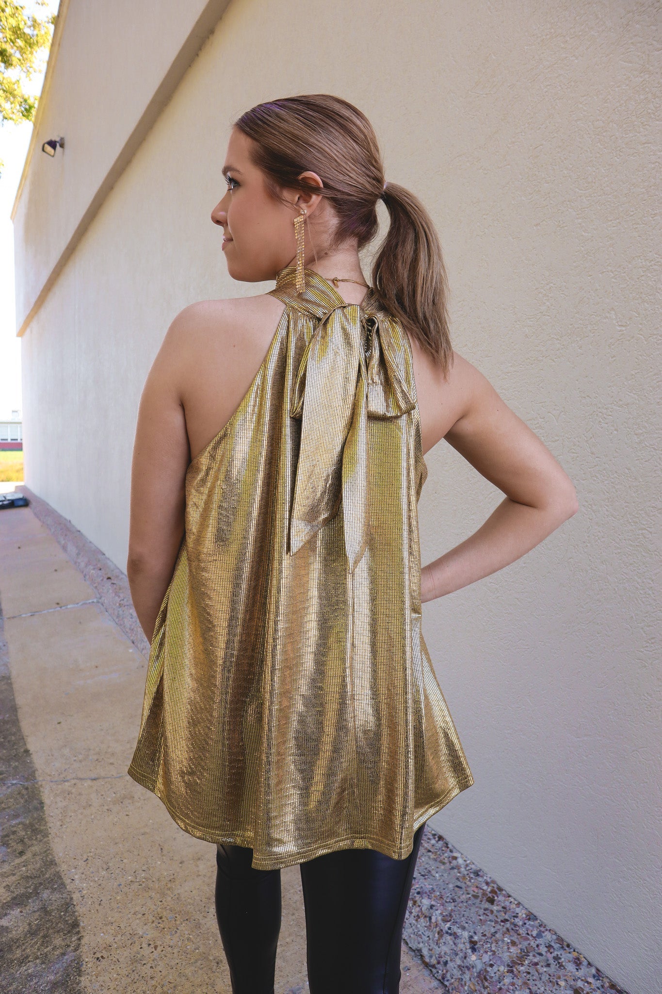 Gold Metallic Halter Mock Neck Top