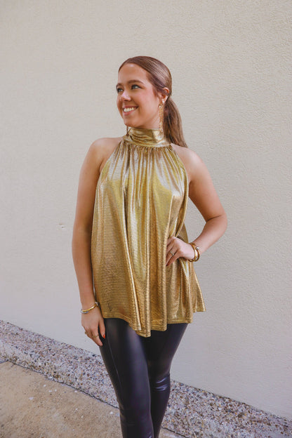 Gold Metallic Halter Mock Neck Top-Tops-KCoutureBoutique, women's boutique in Bossier City, Louisiana