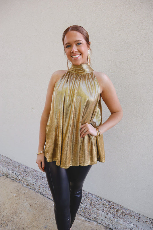 Gold Metallic Halter Mock Neck Top-Tops-KCoutureBoutique, women's boutique in Bossier City, Louisiana