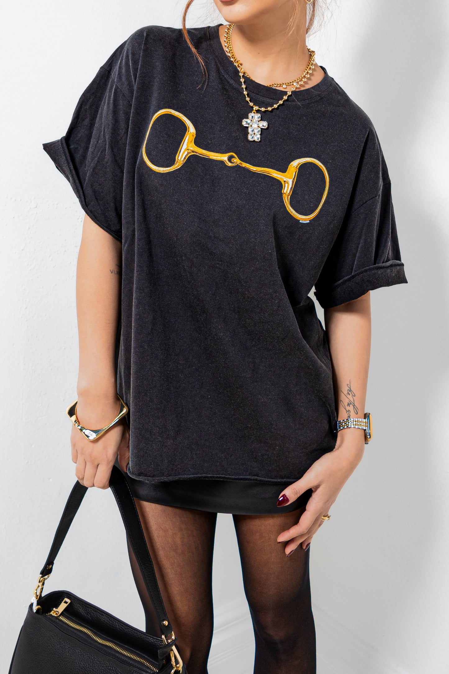 Gold Horse-Bit Black Boxy Tee
