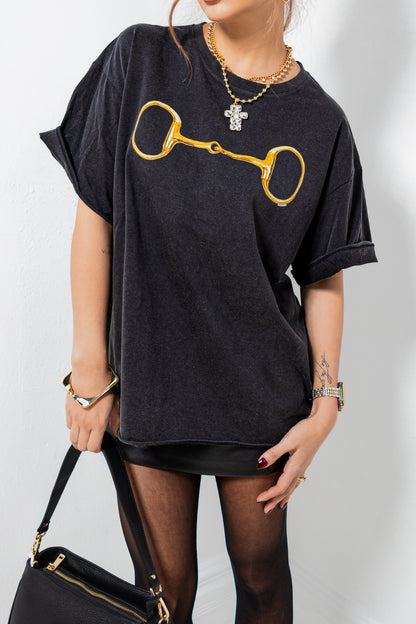 Gold Horse-Bit Black Boxy Tee