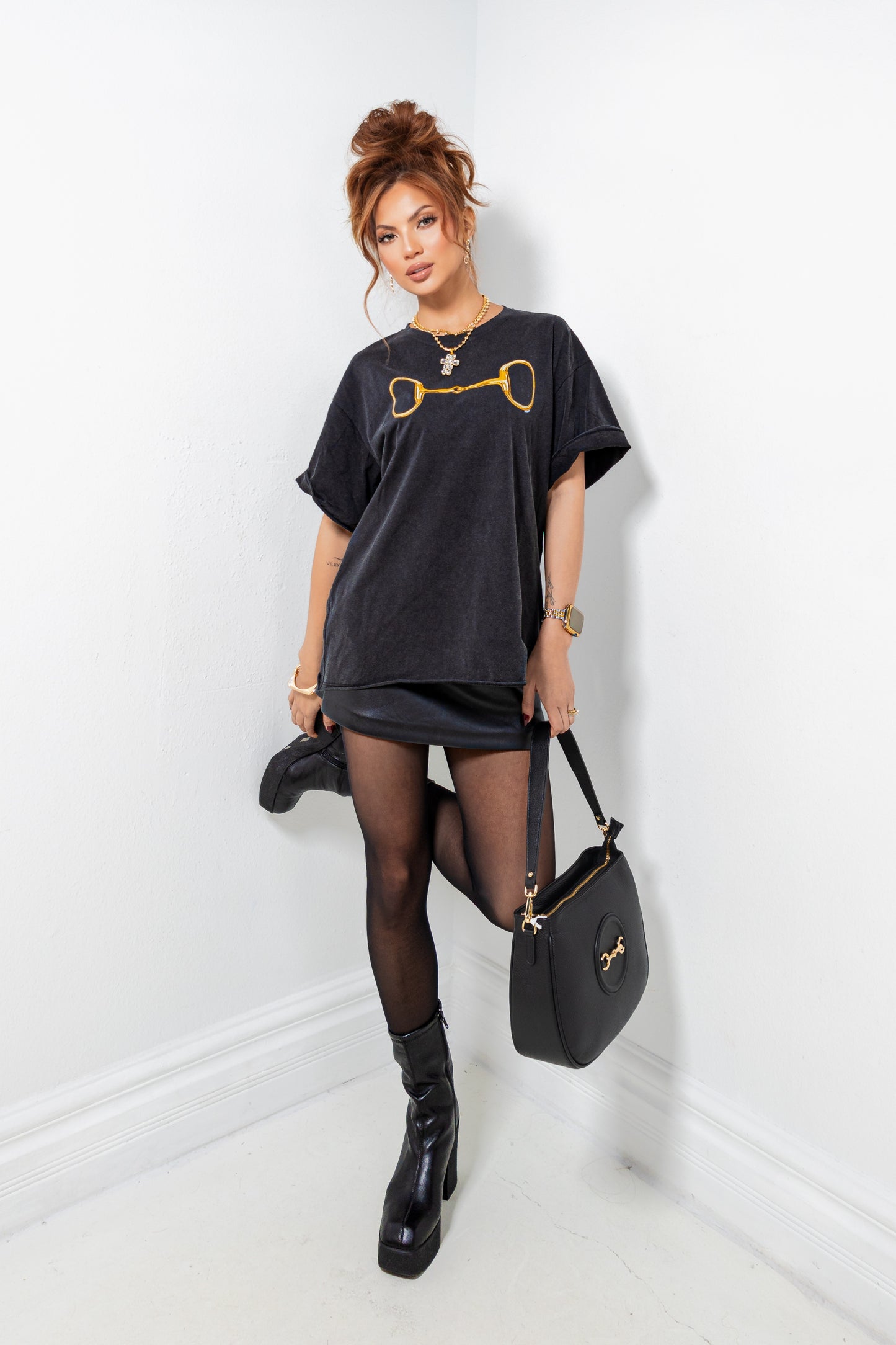 Gold Horse-Bit Black Boxy Tee