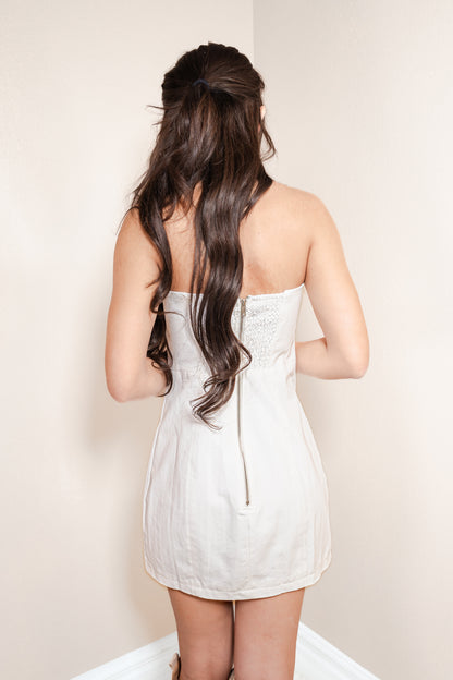 Golden Petals Denim Strapless Mini Dress