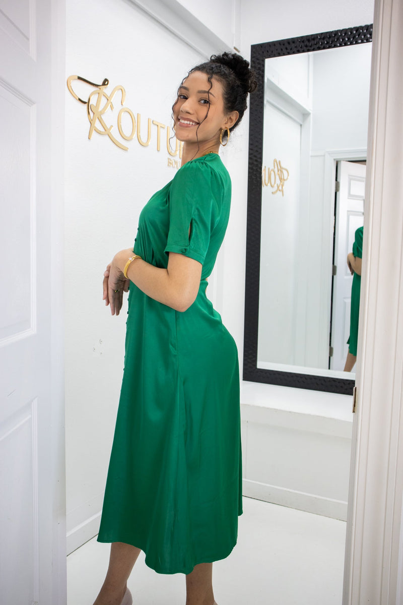 Green Satin Button Down Midi Dress-Dresses-KCoutureBoutique, women's boutique in Bossier City, Louisiana