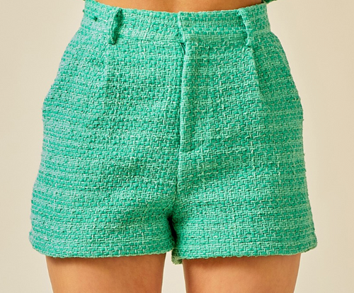 Green Tweed Pleated Shorts-Bottoms-KCoutureBoutique, women's boutique in Bossier City, Louisiana