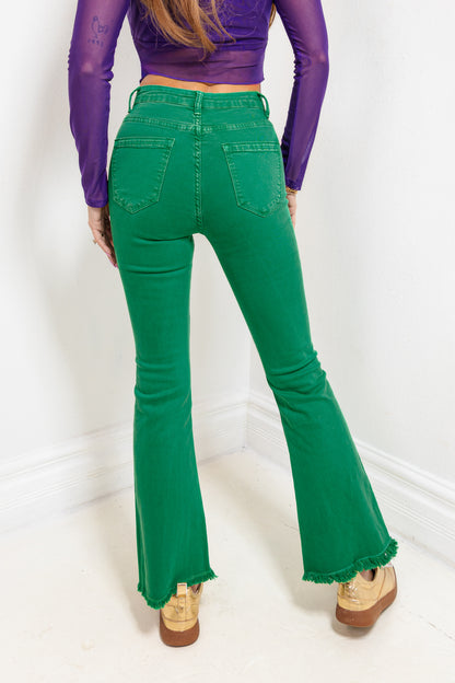 Green With Envy Raw Hem Flares