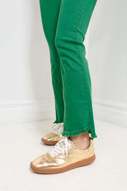 Green With Envy Raw Hem Flares