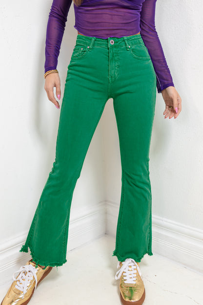 Green With Envy Raw Hem Flares