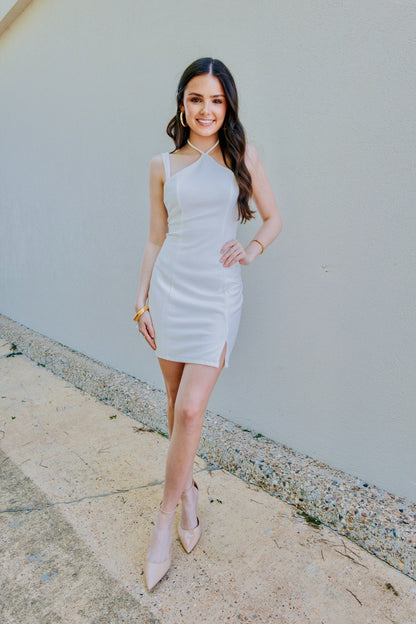 open back cut out bodycon mini dress in ivory Sleeveless Plunge Front Open Back Mini Dress In Ivory | EGO US