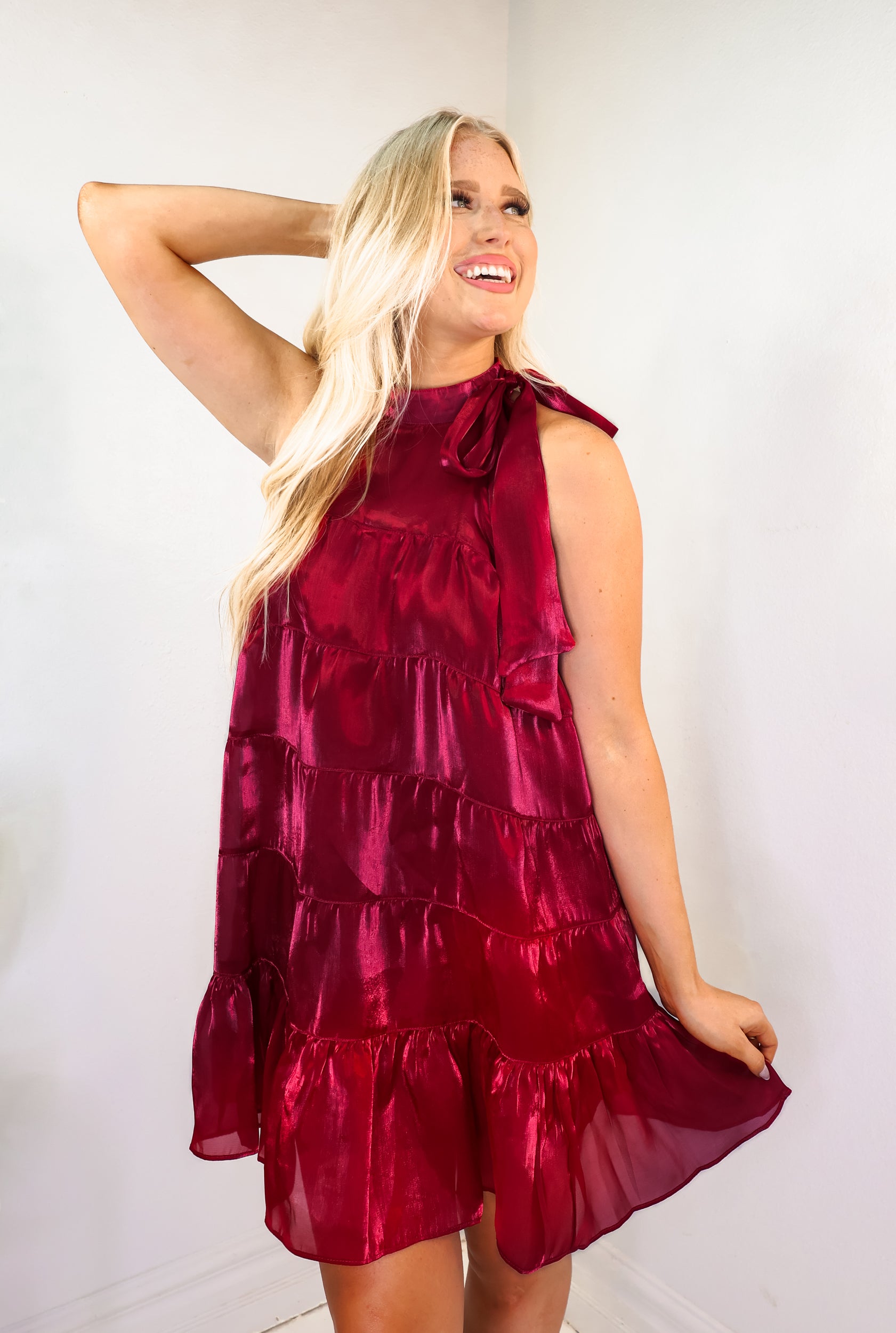 Halter Neck Tiered Mini Dress Small (0/2) / Burgundy Halter Neck Tiered Mini Dress Small (0/2) / Burgundy