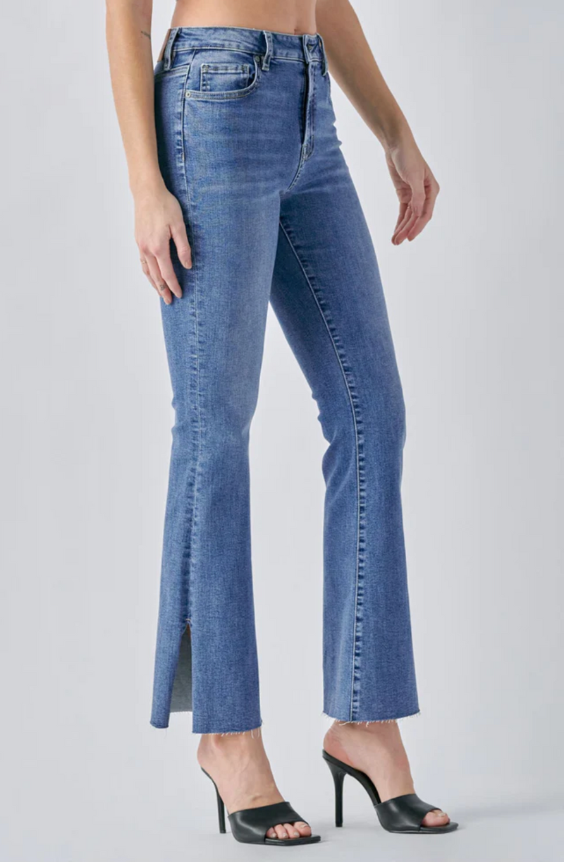 Dark Blue Side Slit Detail High Waist Flared Jeans - ShopperBoard