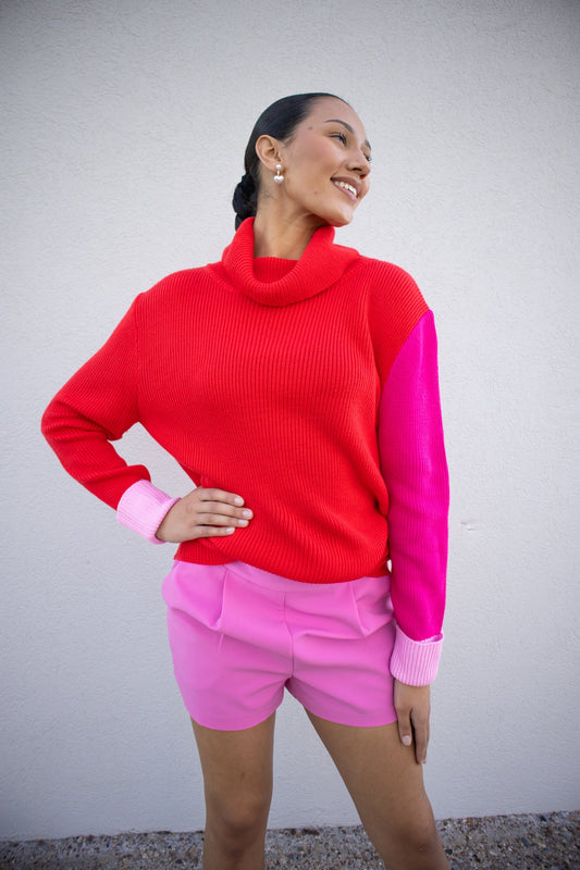 High Neck Color Block Knit Sweater-Tops-KCoutureBoutique, women's boutique in Bossier City, Louisiana