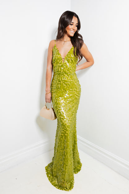 High Society Chartreuse Sequin Gown