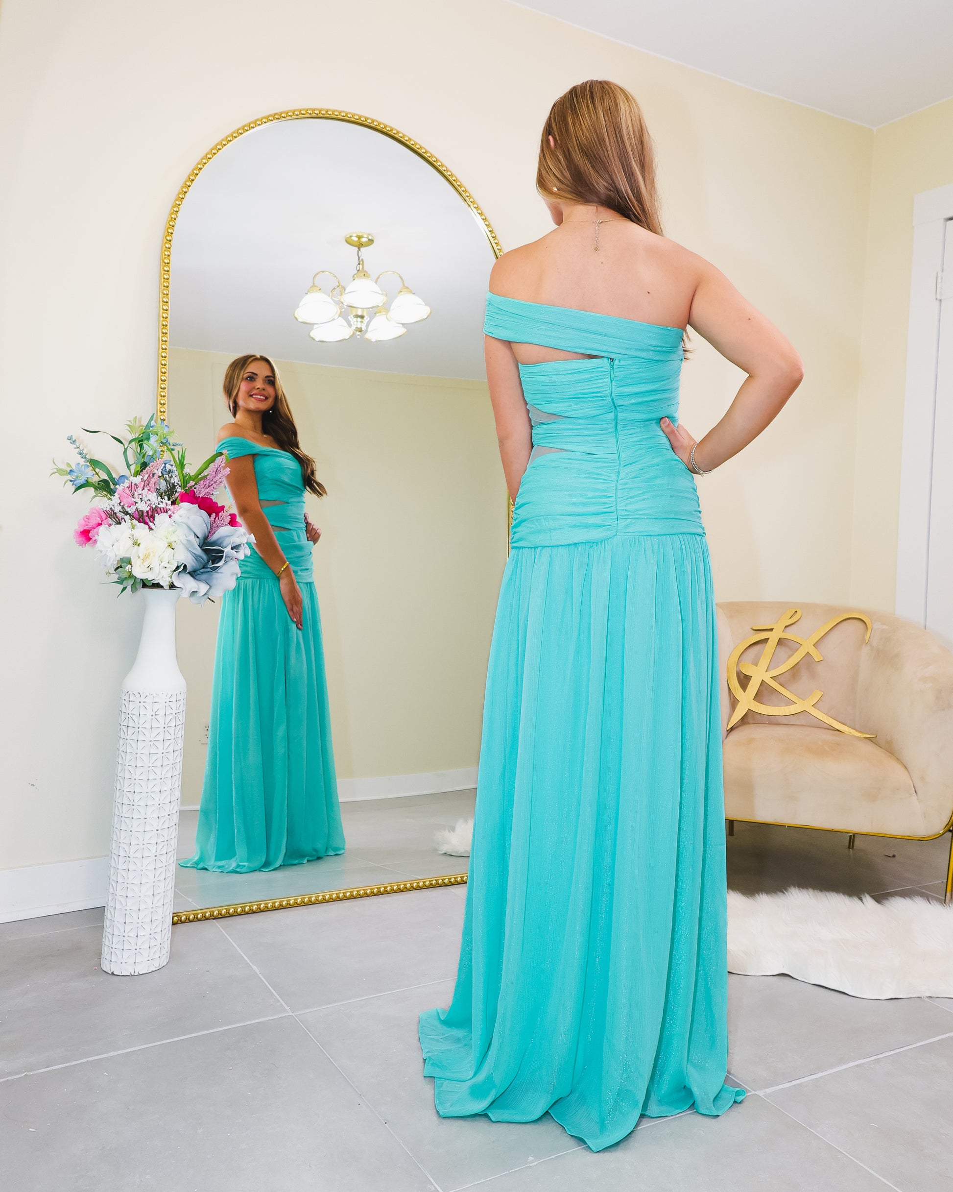 hollywood maxi dress Hollywood Ending Velvet-Bodice Shimmer Maxi Dress Cream / S