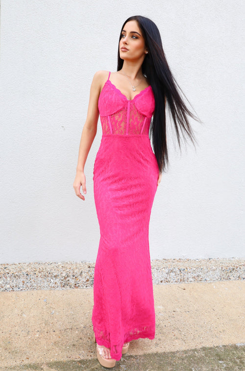 Hot Pink Lace Maxi Dress-Dress-KCoutureBoutique, women's boutique in Bossier City, Louisiana