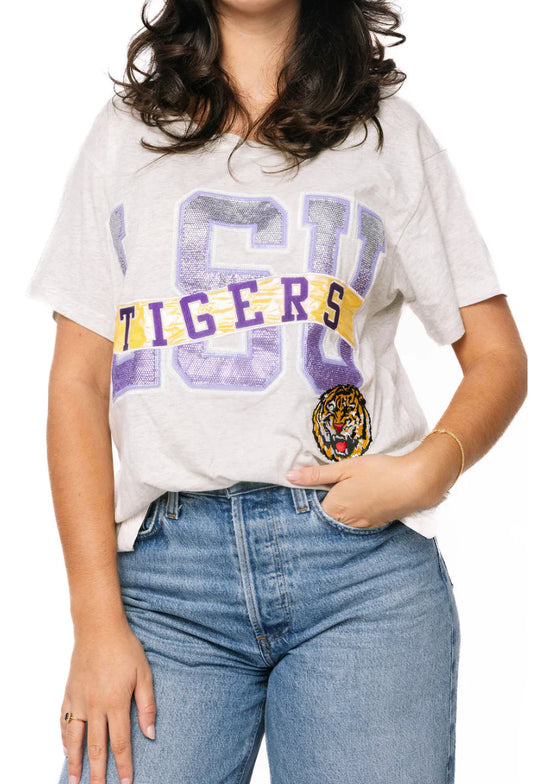 Queen of Sparkles Licensed LSU Rhinestone Metallic Banner Tee