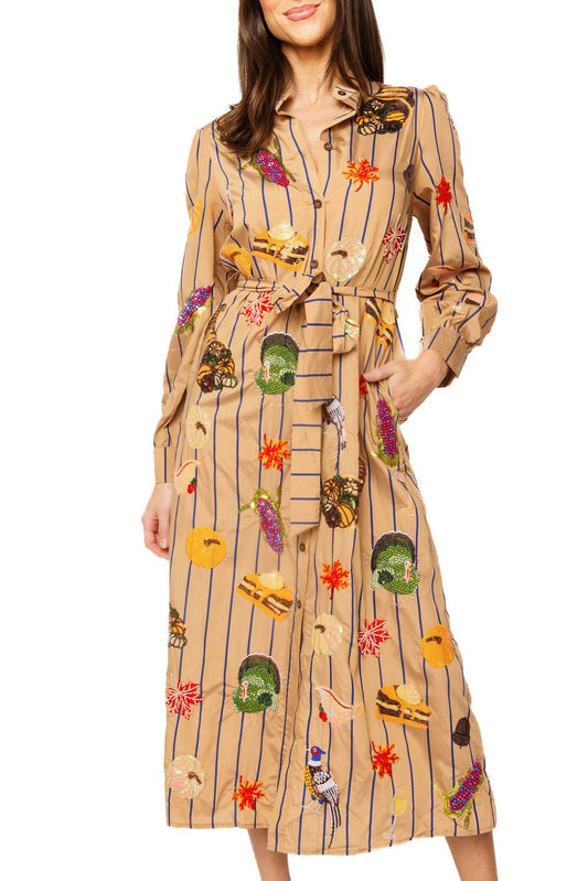 QOS Light Brown Striped Thanksgiving Icon Cotton Midi Tie Dress