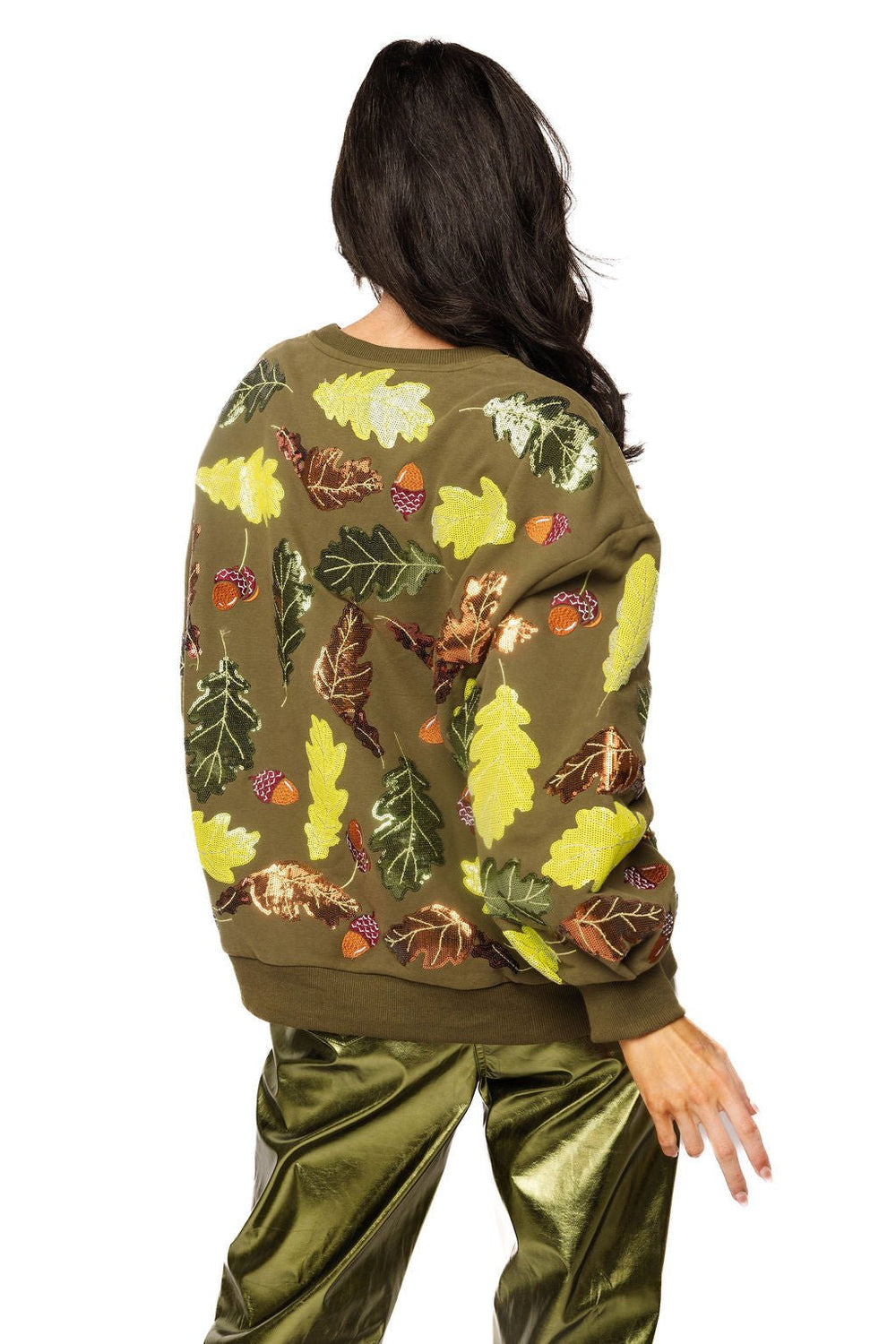 QOS Olive Green Multi Turkey & Leaves Sweatshirt
