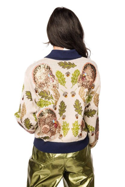 QOS Navy Trim Button Up Turkey, Leaf & Acorn Cardigan