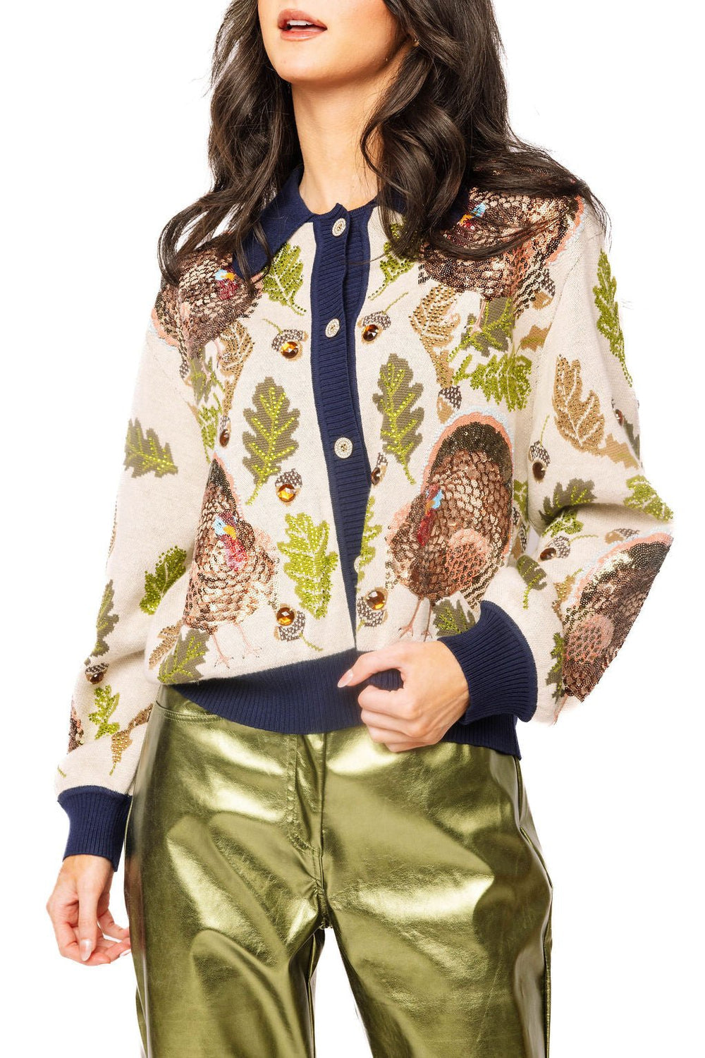 QOS Navy Trim Button Up Turkey, Leaf & Acorn Cardigan
