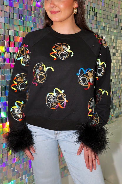 Queen Of Sparkles Black Comedy Tragedy Sweatshirt With Feathers