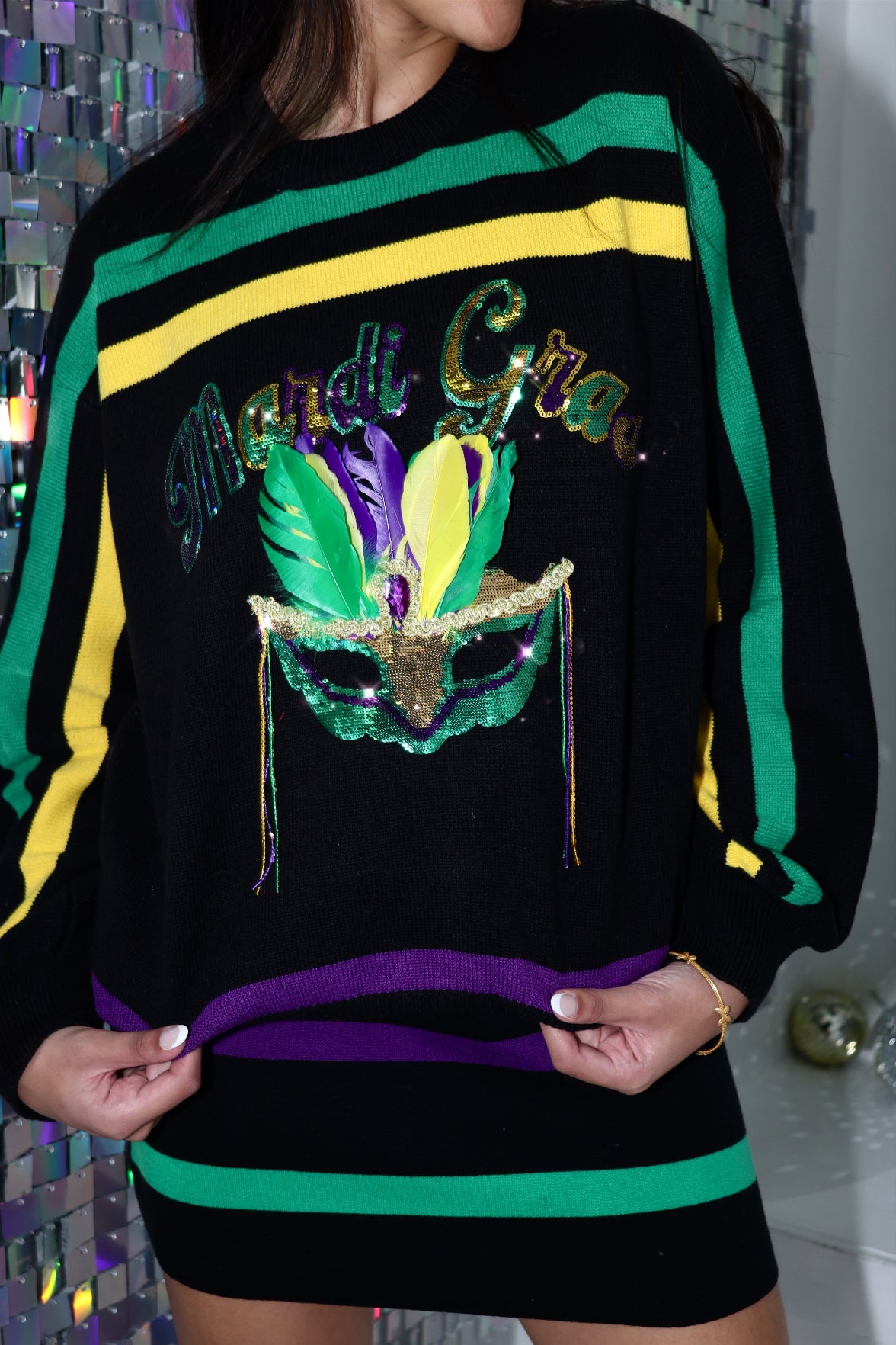 Queen Of Sparkles Striped Mardi Gras Mask Sweater