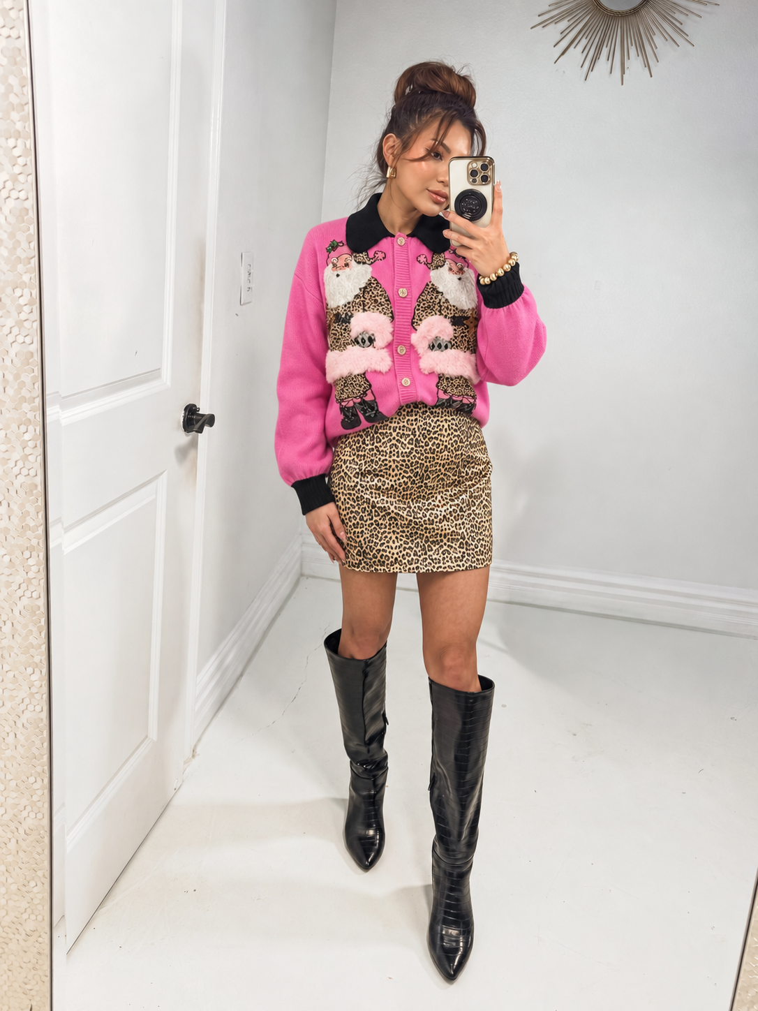 QOS Pink & Black Collar Santa in Leopard Suit Cardigan
