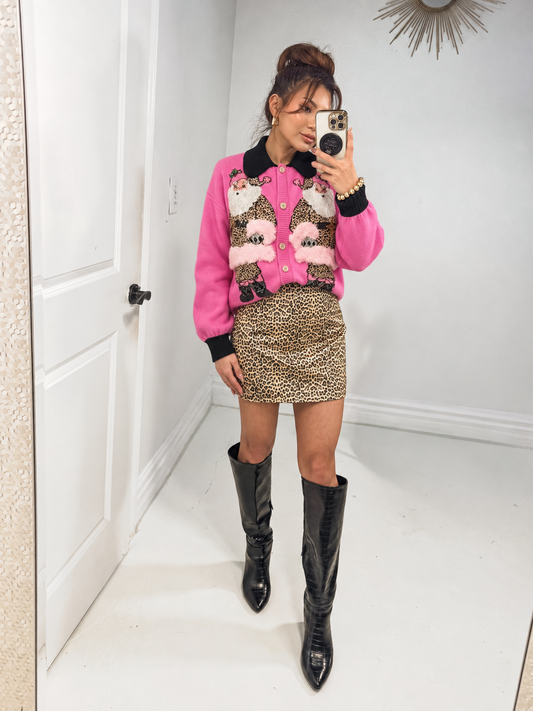 QOS Pink & Black Collar Santa in Leopard Suit Cardigan