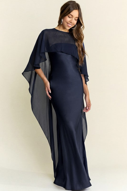 Midnight Grace Satin Cape Maxi Dress