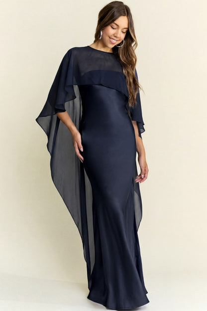 Midnight Grace Satin Cape Maxi Dress