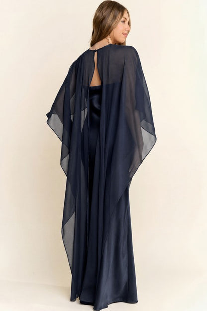 Midnight Grace Satin Cape Maxi Dress