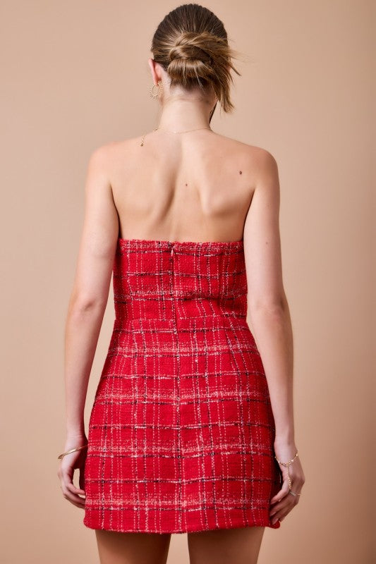 Scarlet Chic Plaid Tweed Strapless Mini Dress