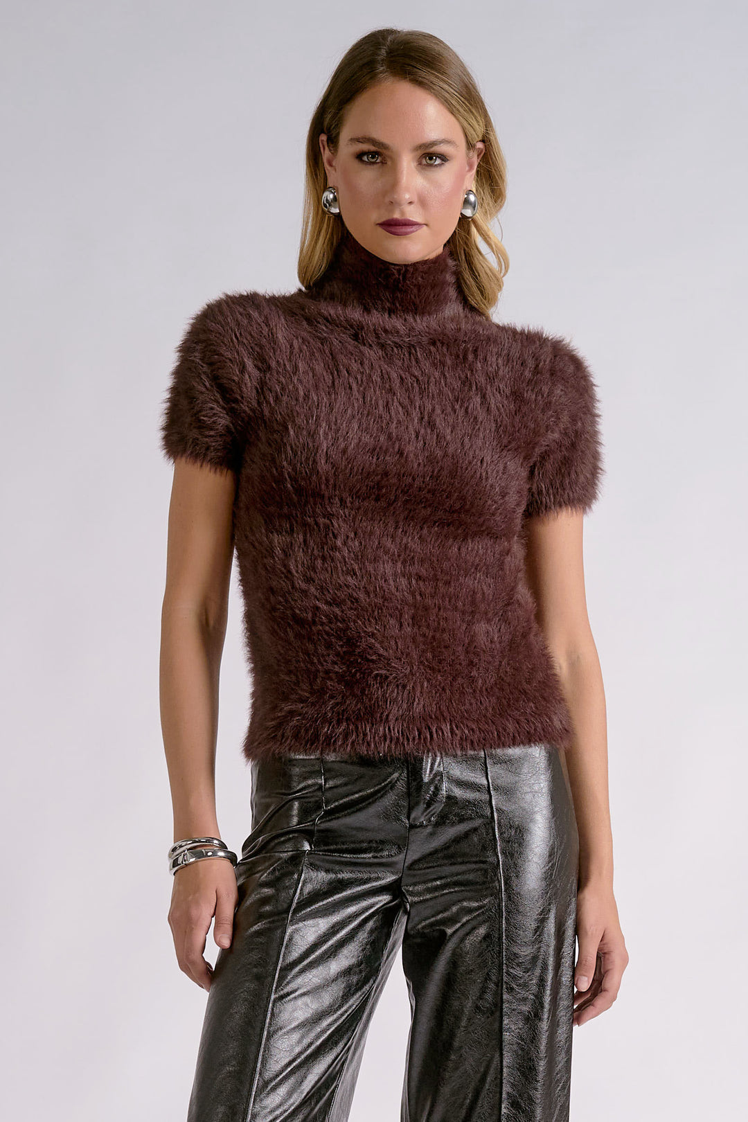 Elan Espresso Fuzzy Short Sleeve Sweater