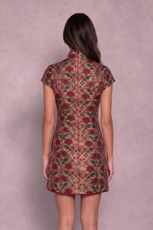 Floral Jacquard Mandarin Collar Mini Dress