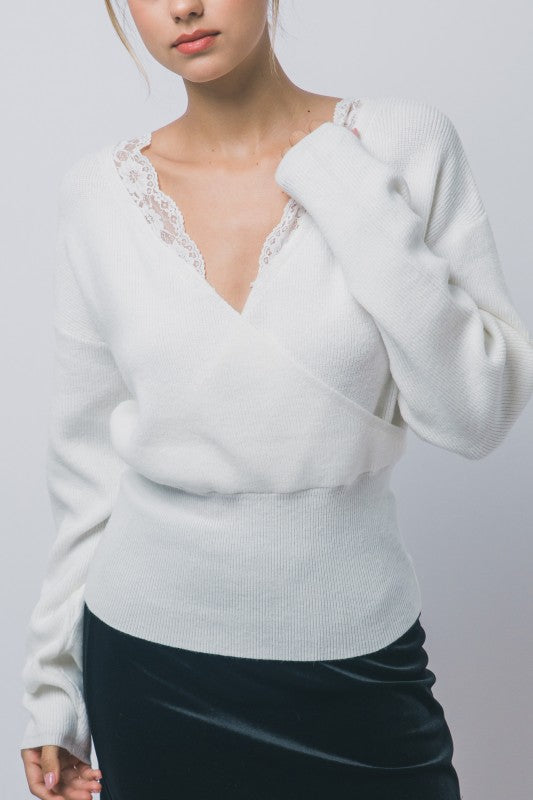 Romantic Touch Lace Trim Wrap Sweater