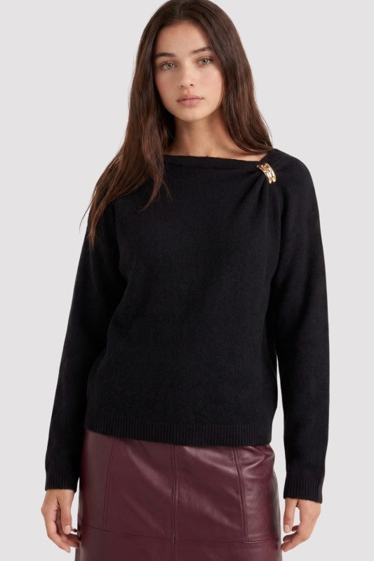 Gilded Elegance Gold Accent Boat Neck Sweater